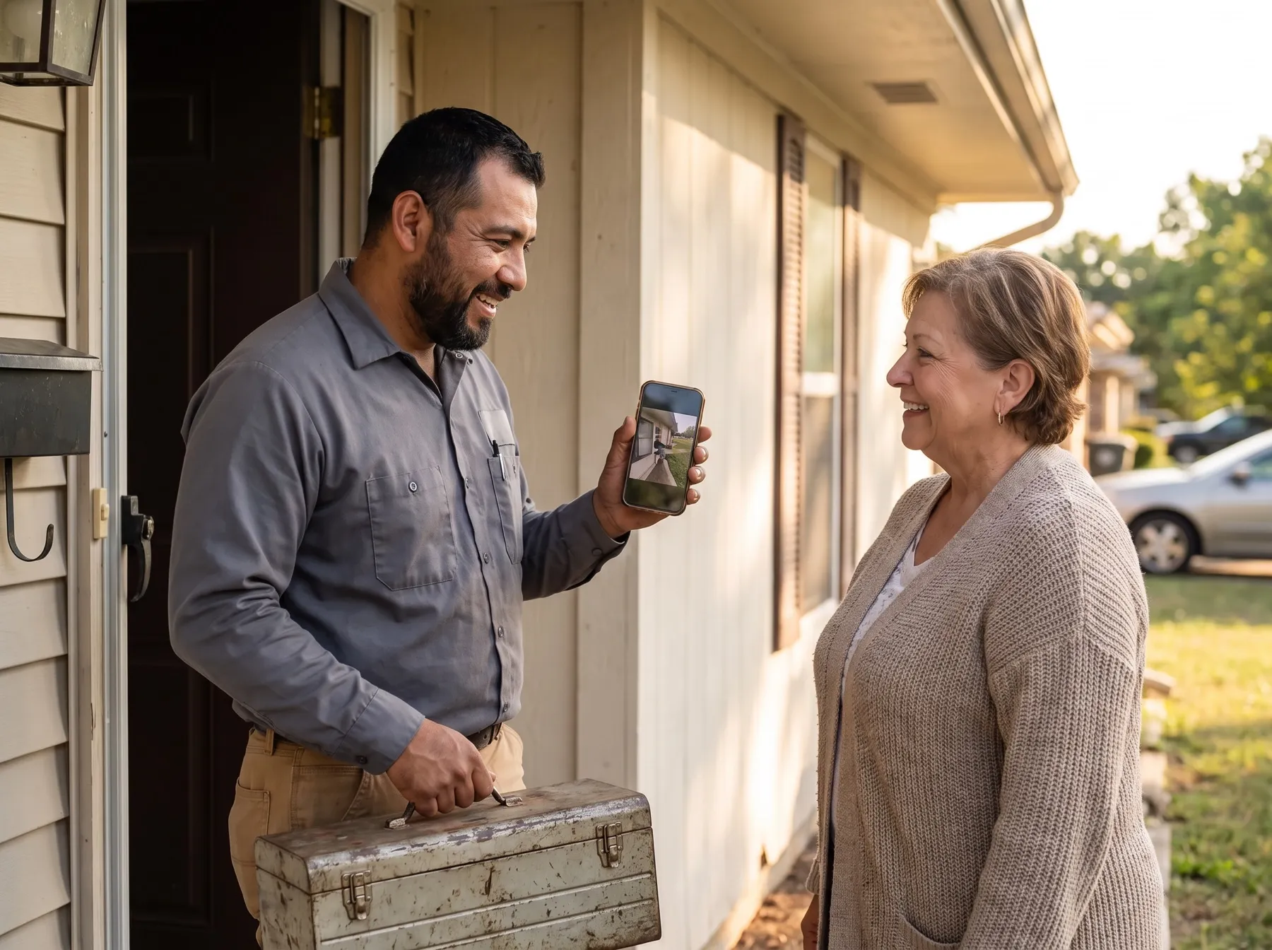 Illustrative photo: A handyman at a front door showing a homeowner the finished repair on his phone.