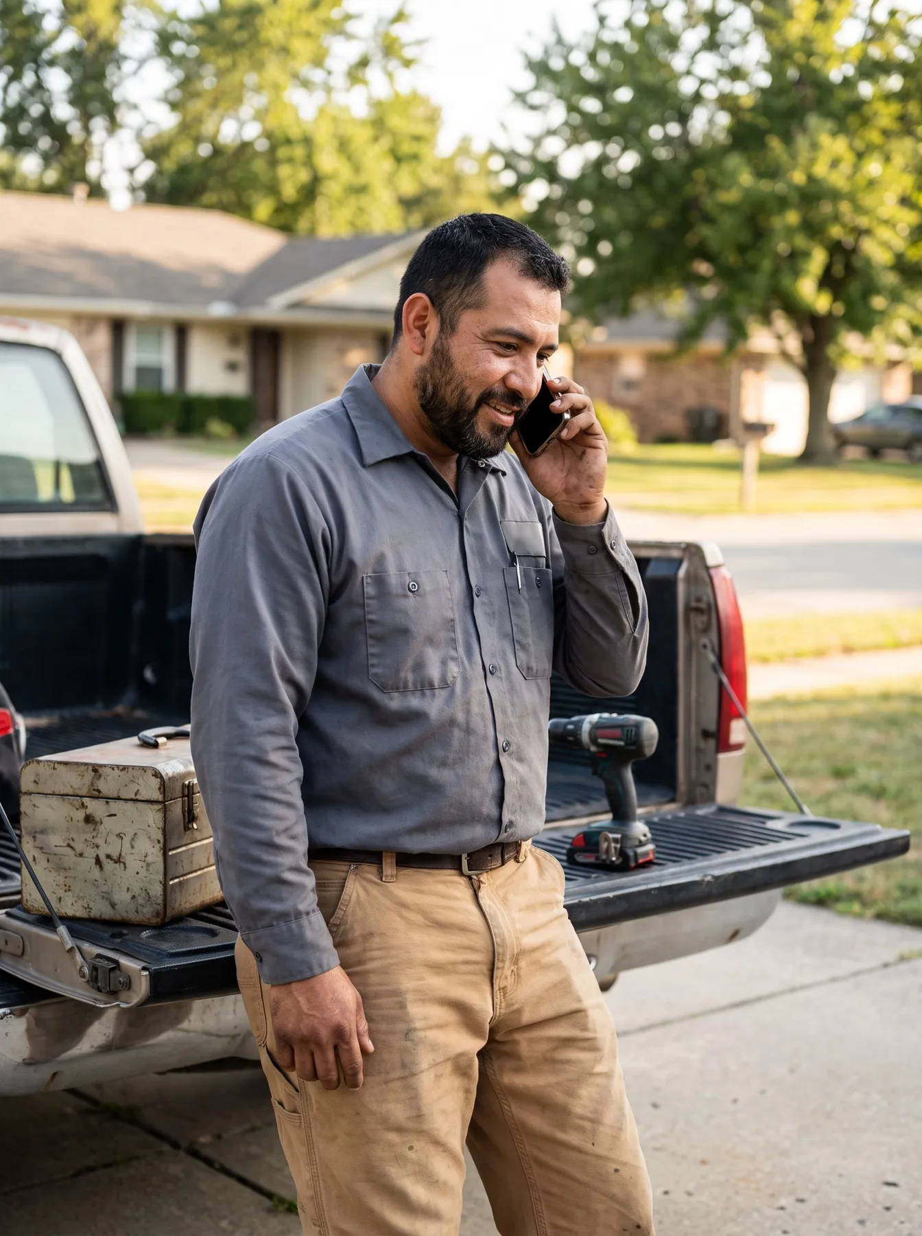Illustrative photo: A handyman beside his pickup truck answering his phone, toolbox at his feet.