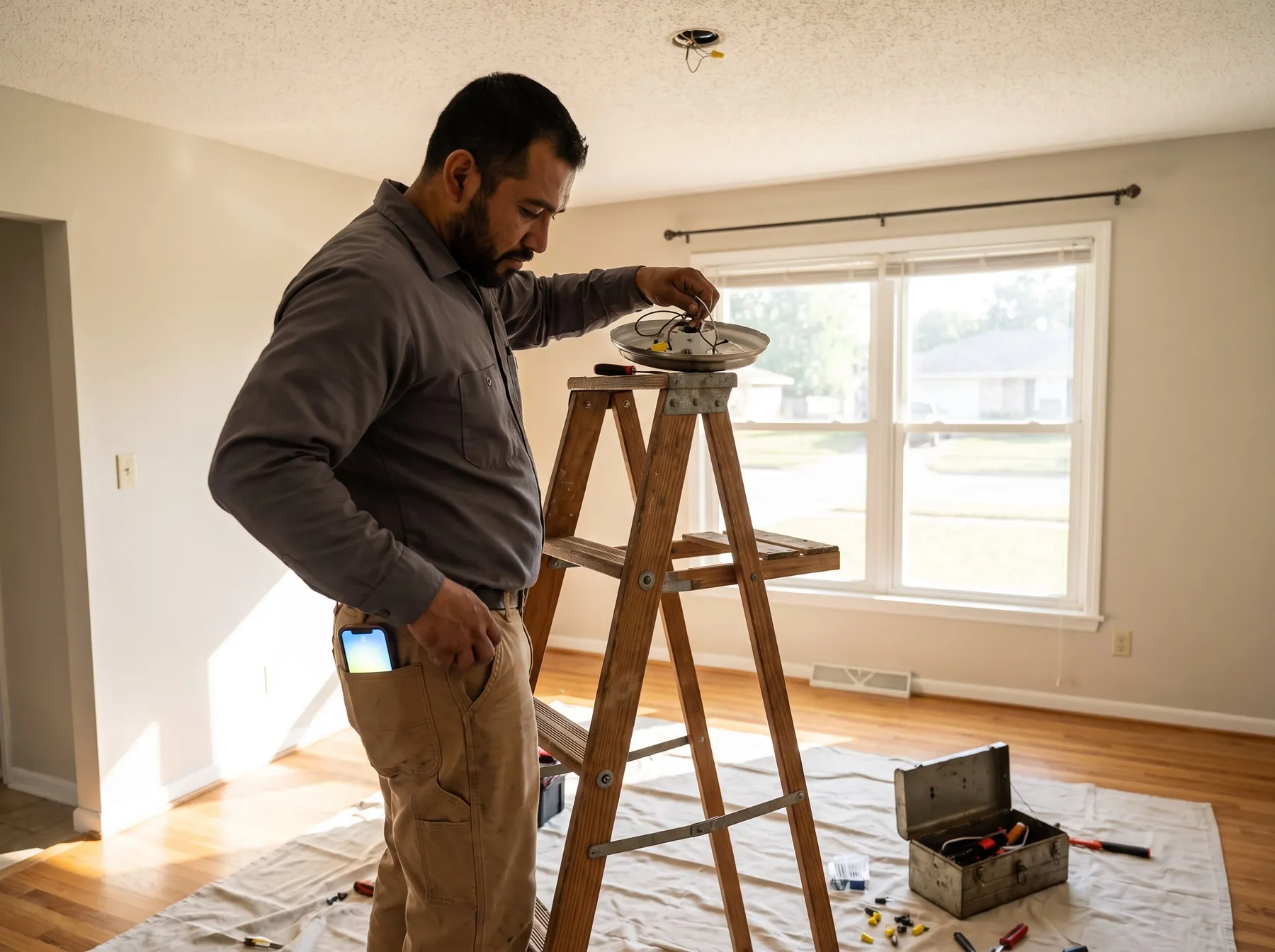 Illustrative photo: A handyman on a ladder inside a home, fixing a light fixture while his phone buzzes in his pocket.